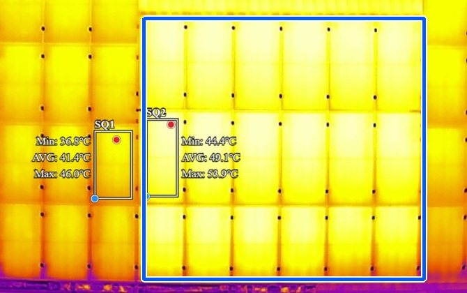 Radiometrična meritev: modul v toplejšem nizu 49,1 °C proti sosednjemu normalnemu modulu 41,4 °C.